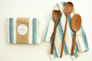 Woven Tea Towels - Off White with Blue & Turquoise Stripe